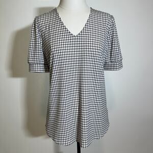 NWOT Adrianna Papell White Black Checkered Puff Sleeve Knit Womens Size Small S